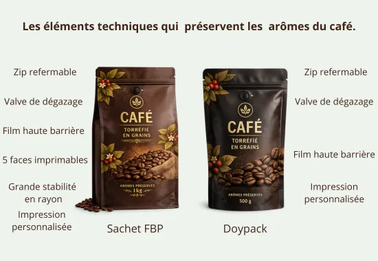 Sachet Doypack et sachet fond plat café avec valve de dégazage, zip refermable et haute barrière