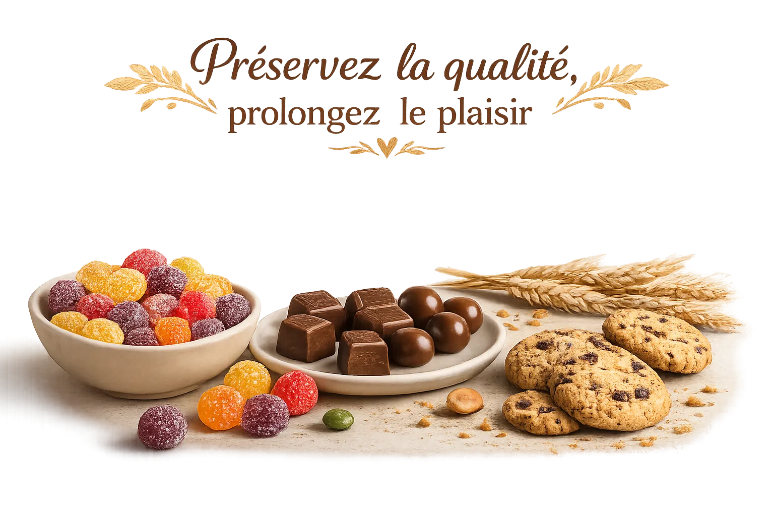 Confiseries et biscuits protégés par emballage souple