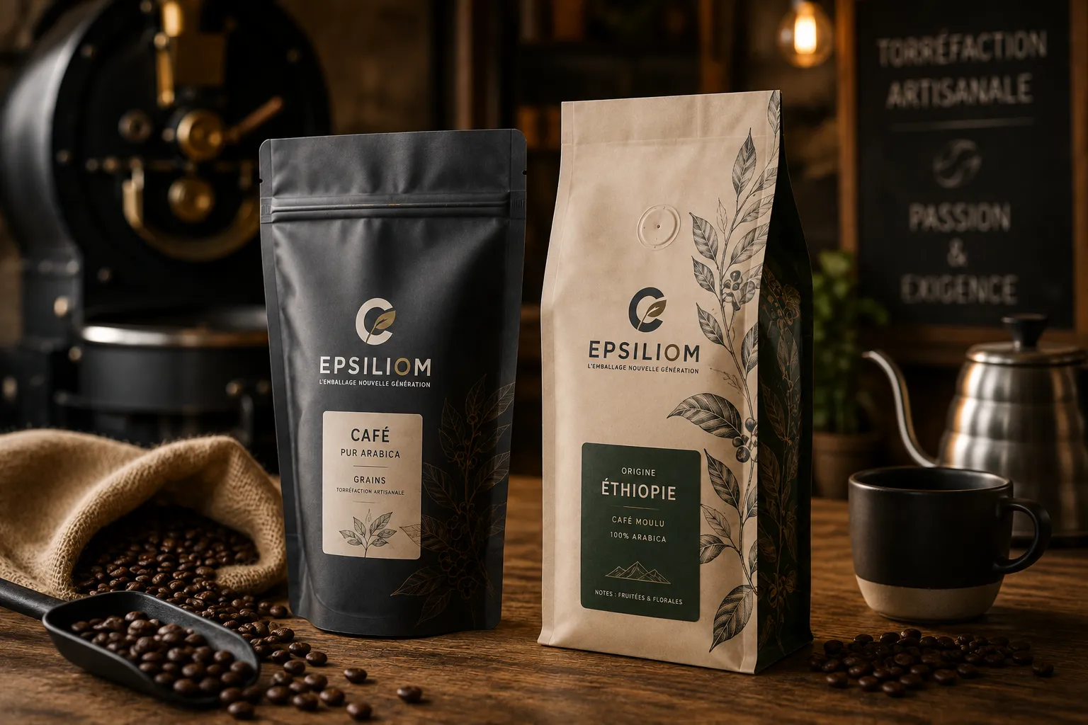 Emballage café personnalisé en Doypack et sachet à fond plat FBP