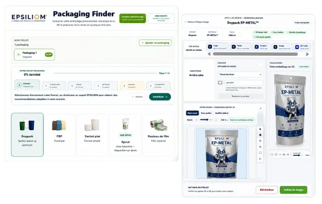 Aperçu du Packaging Finder EPSILIOM et du Studio avec visualisation 3D d’un sachet flexible