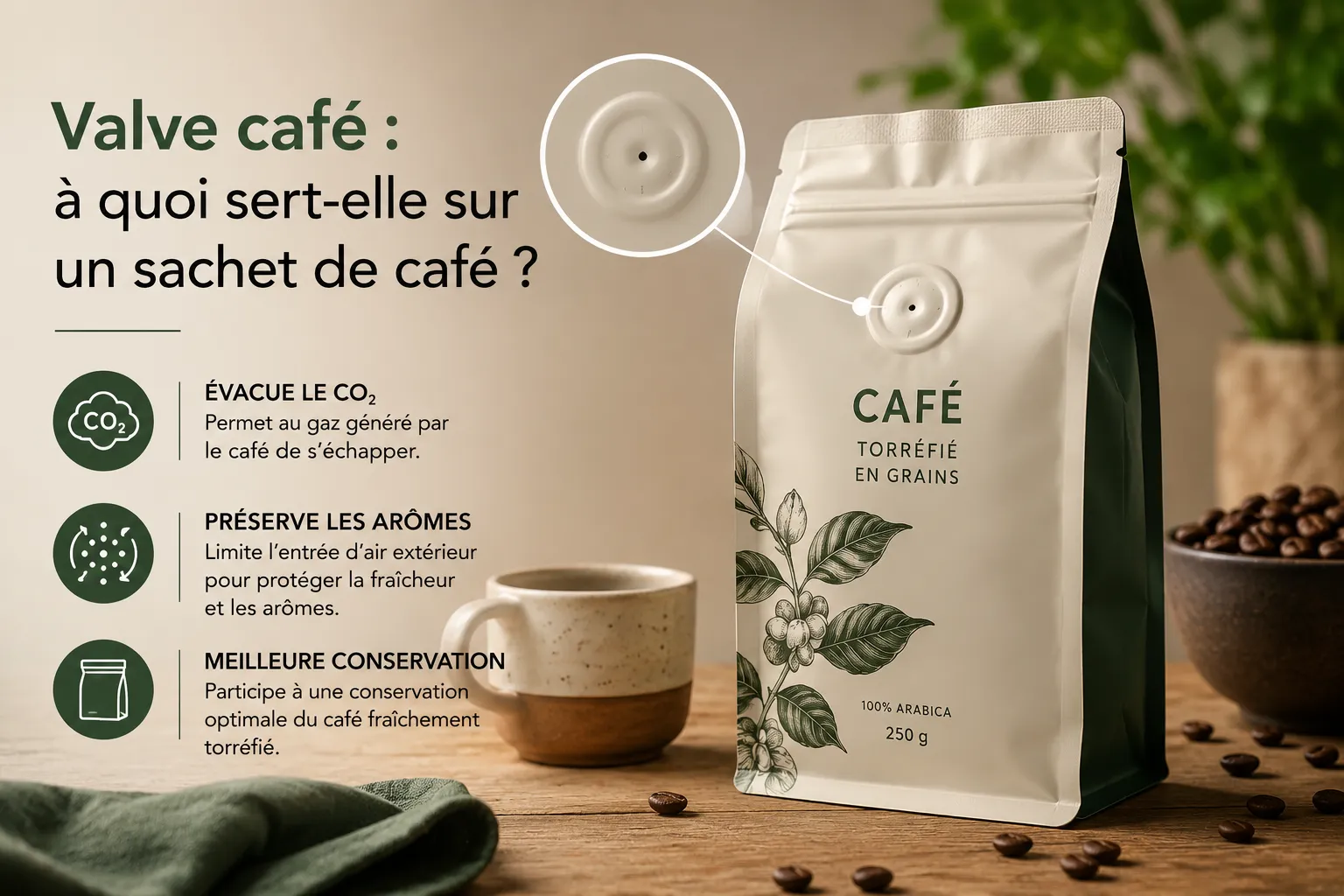 Valve de dégazage sur un sachet de café personnalisé