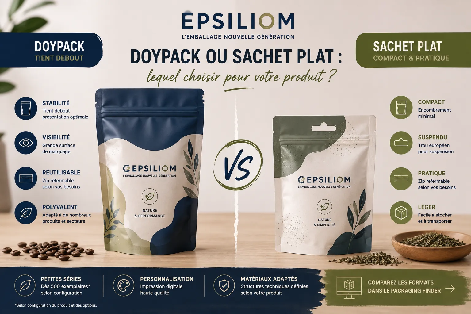 Doypack ou sachet plat : comparaison des deux formats d’emballage personnalisé