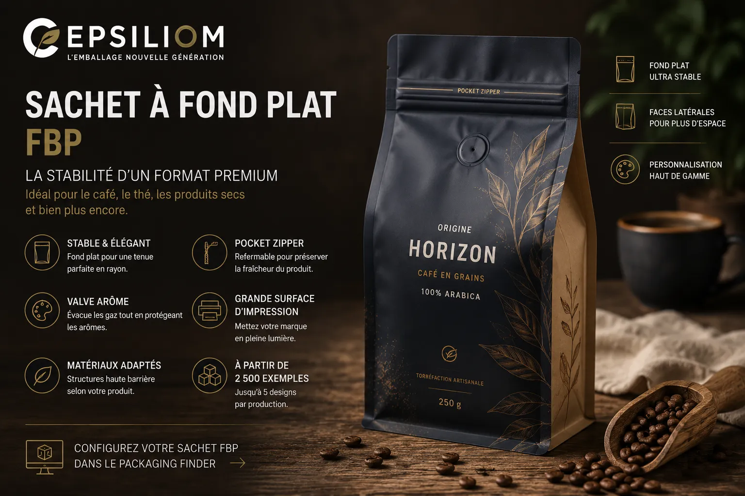 Sachet à fond plat FBP personnalisé avec Pocket Zipper et valve arôme