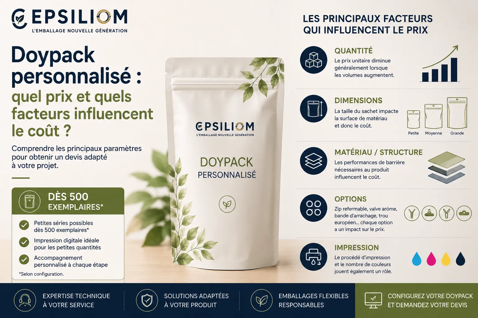 Prix d’un Doypack personnalisé selon la quantité, les dimensions et les options