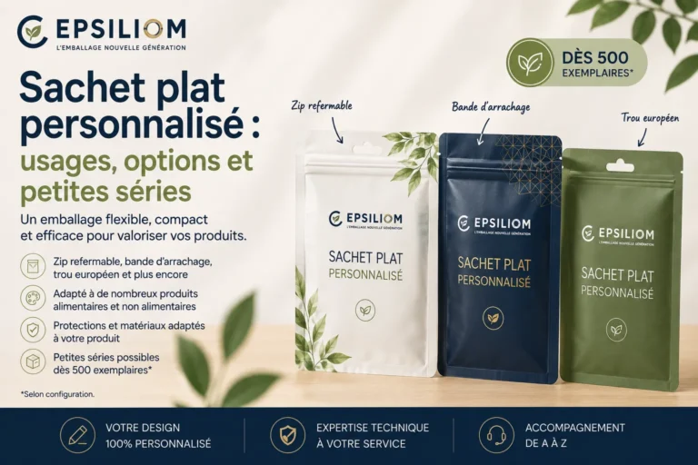 Sachet plat personnalisé en petite quantité avec options zip et trou européen