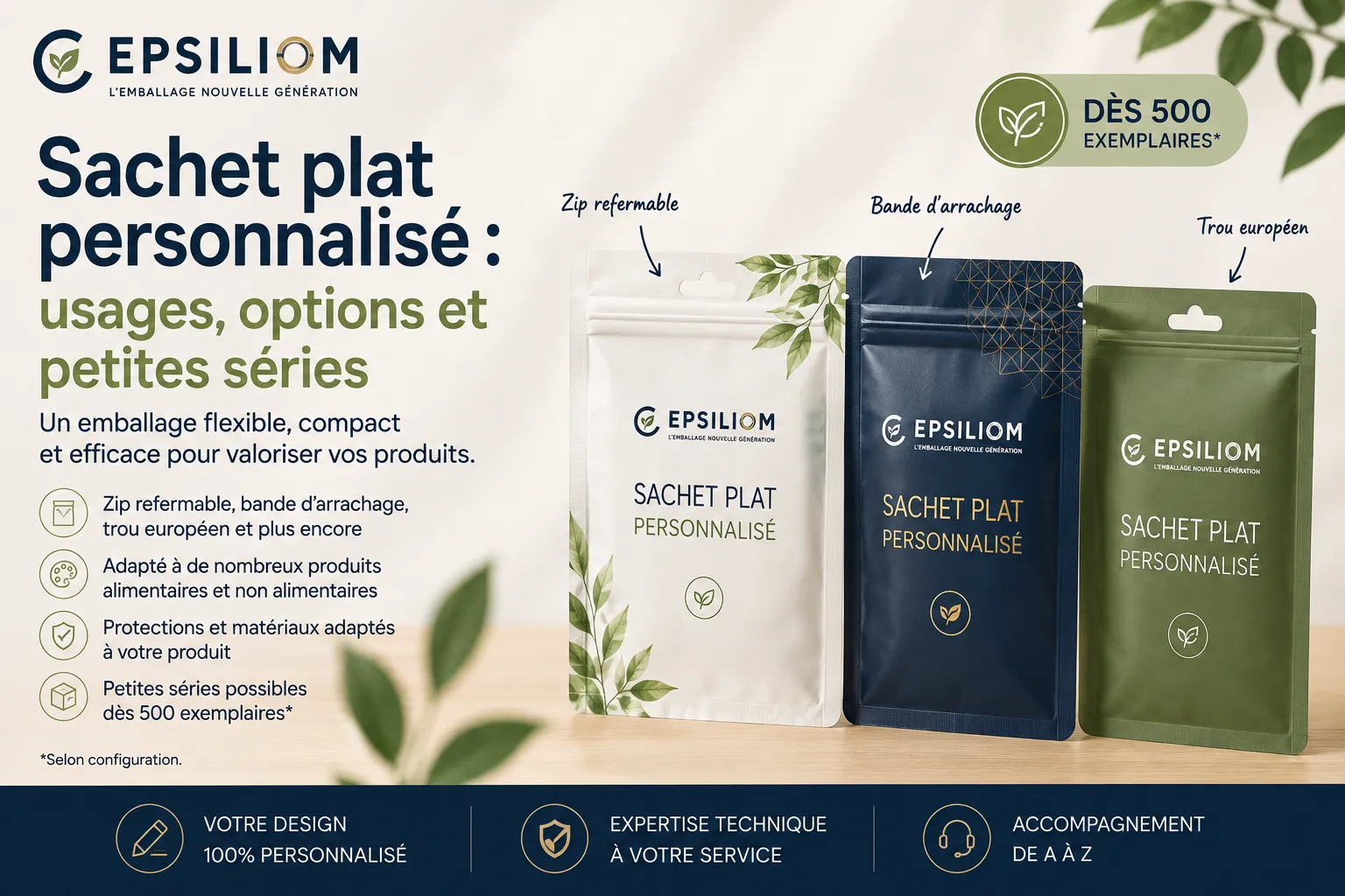 Sachet plat personnalisé en petite quantité avec options zip et trou européen